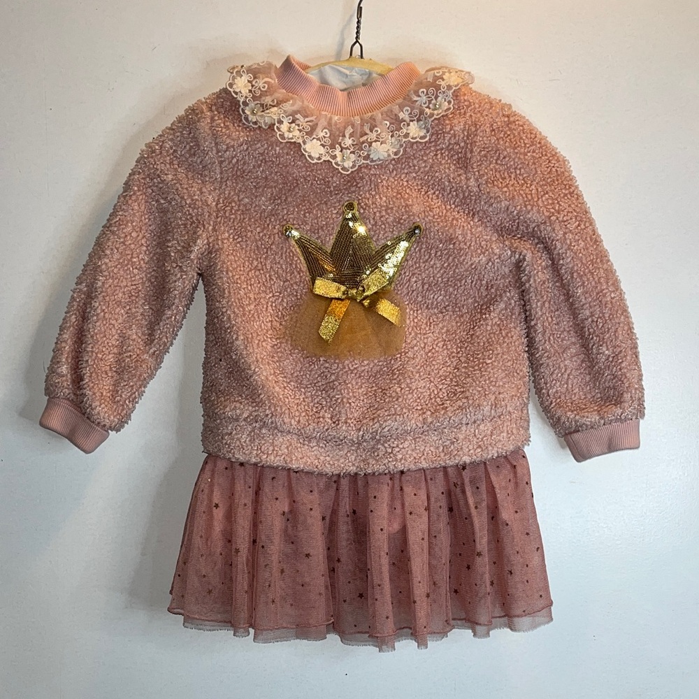 For a GIRL age 4: Pink Fuzzy Dress with Gold Star Detail